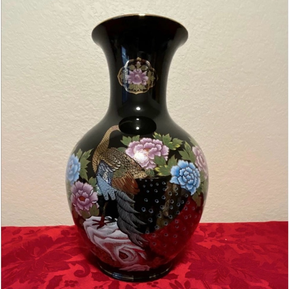 Vintage Japanese black lacquer baluster vase (peacock & floral)